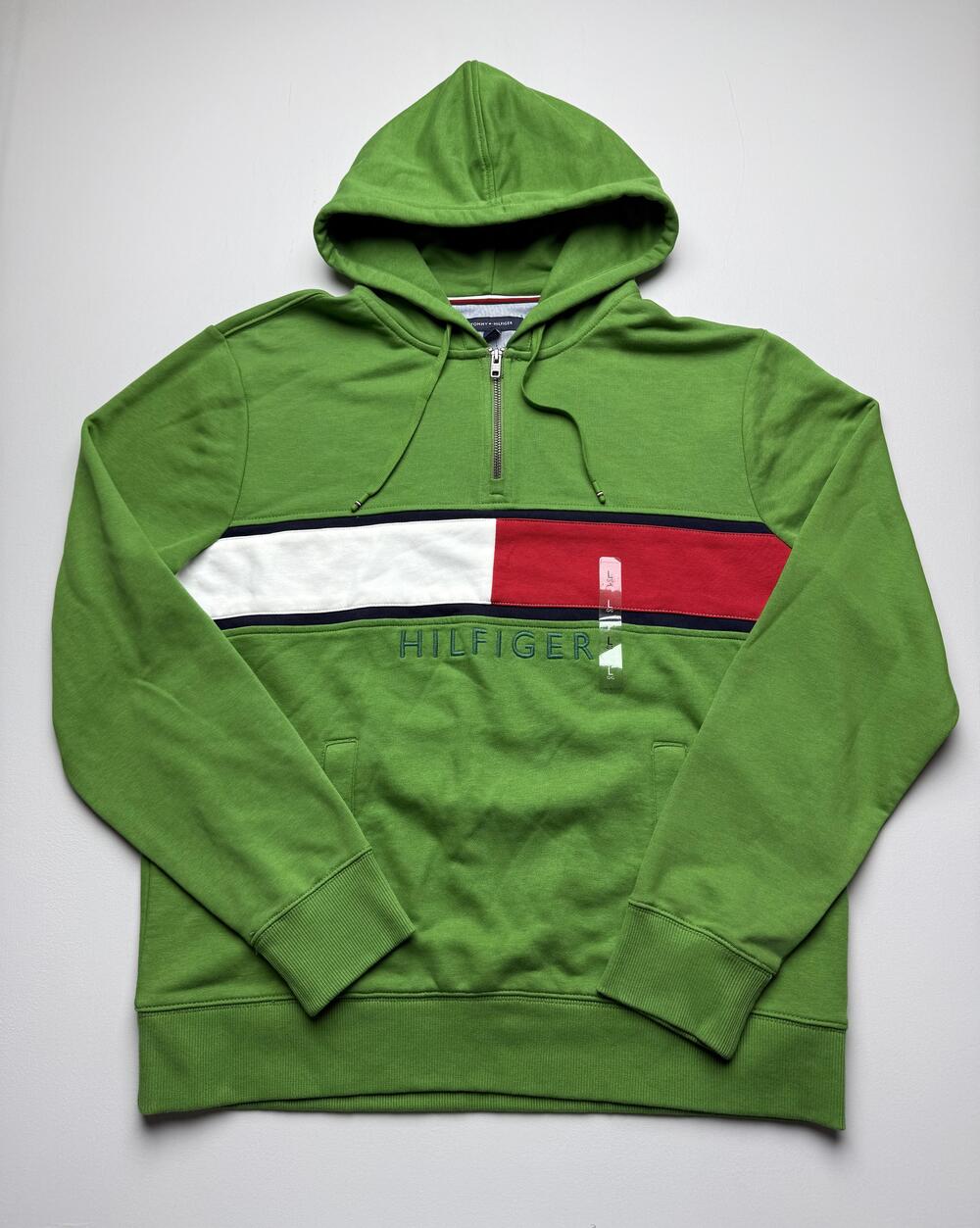 Tommy Hilfiger Hoodie Sweatshirt Mens Large Green 1/4 Zip Fleece Logo Graphic